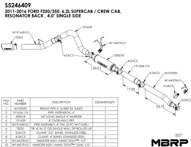 Picture of 4 Inch Cat Back Exhaust System Single Side Exit For 11-16 Ford F-250/350/450 6.2L MBRP